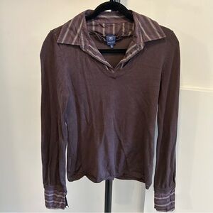 Brown Long sleeve Shirt with Striped Collar and Cuffs Size L